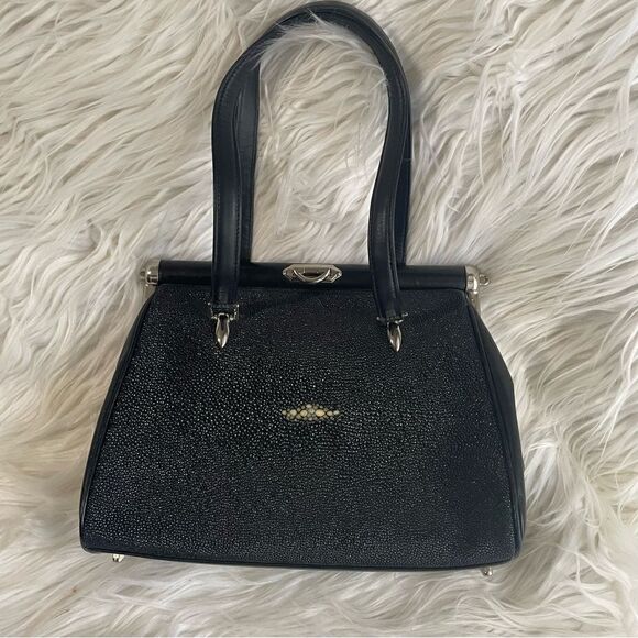 Mystique Collection Genuine Stingray Skin Black
Leather Handbag Vintage Purse - Picture 3 of 12